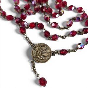 Vtg Red Aurora Borealis Crystal Bead Rosary‎ Necklace Catholic Shrine Medallion